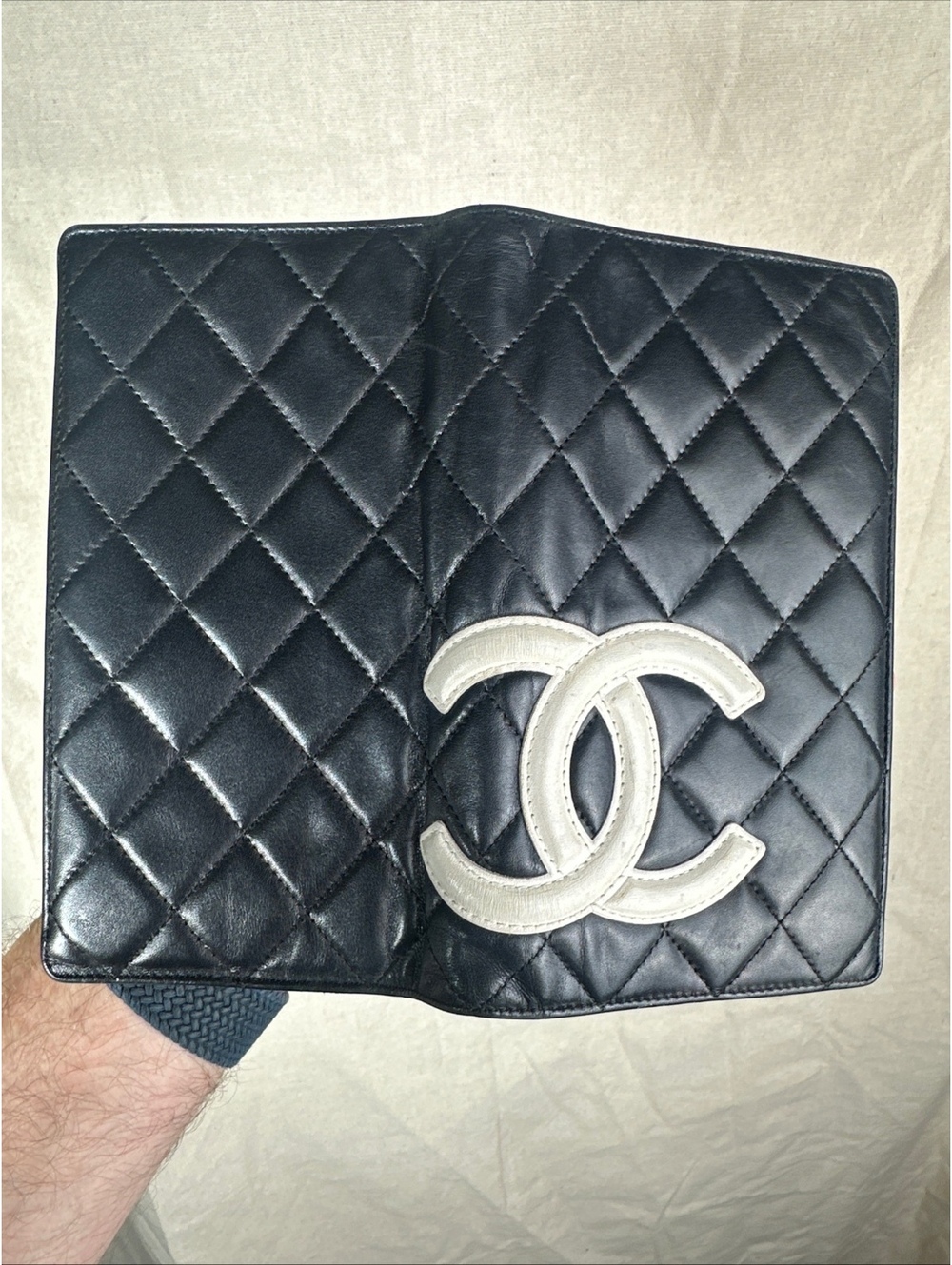 CHANEL Cambon Long Wallet Black White Quilted Lambskin Pink